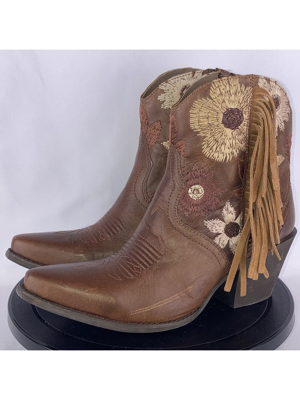 Women’s 7.5 Ariat Florence Tangled Brown Leather Fringe Floral Cowgirl Boots